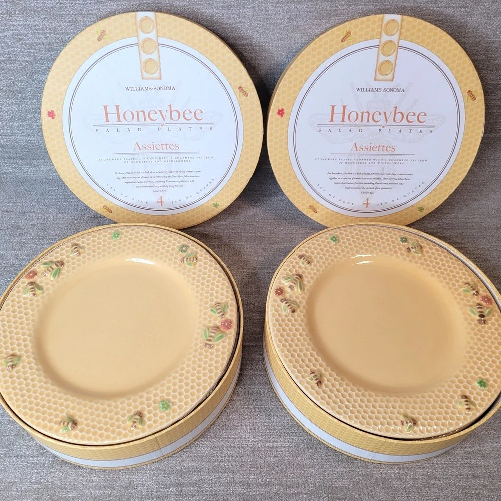 Williams Sonoma Honeybee Salad Plates Set of 4 w/ Hat Box RARE Bee Stoneware NEW